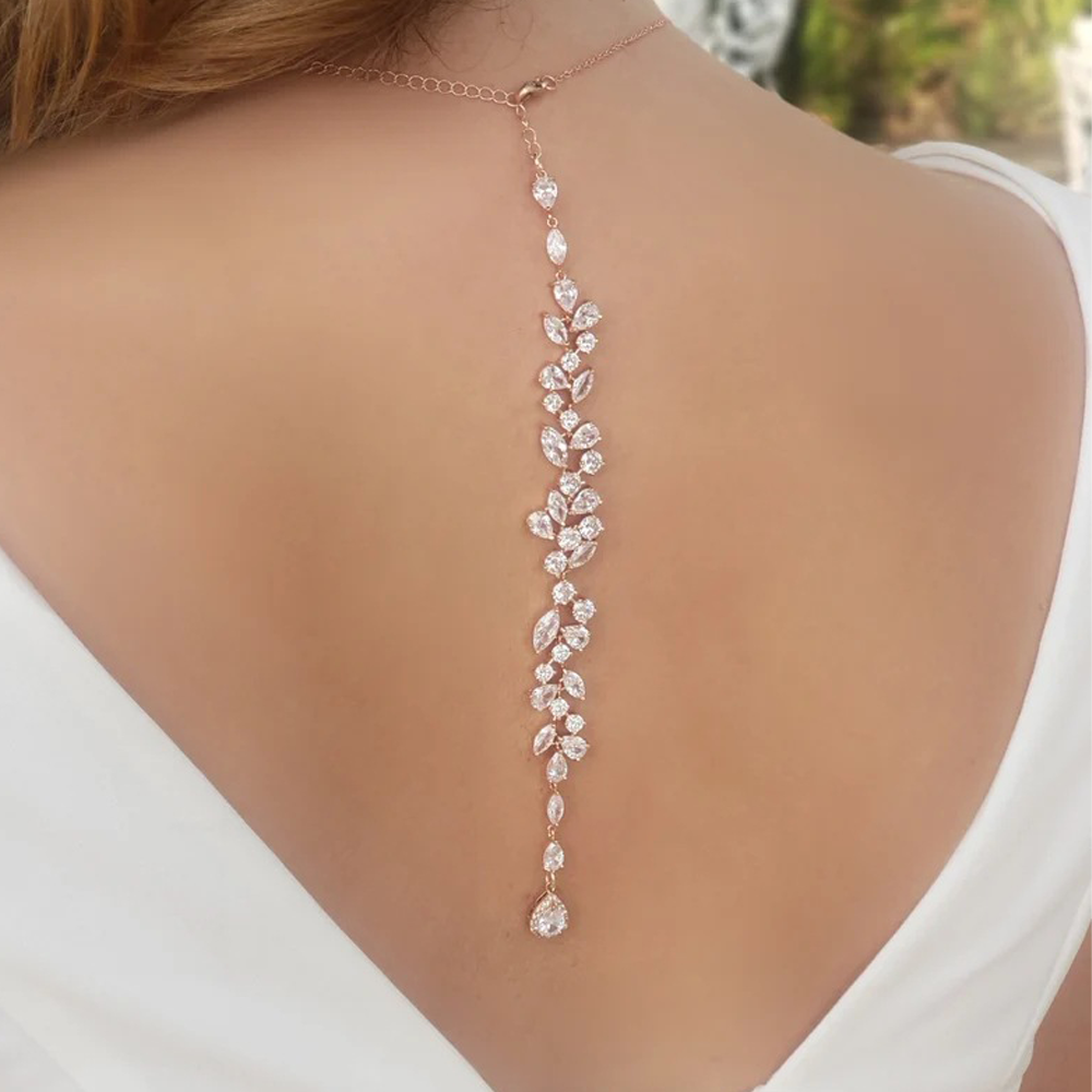 Body Jewelry Online - Crystal Leaf Backdrop Necklace Rhinestone Bridal